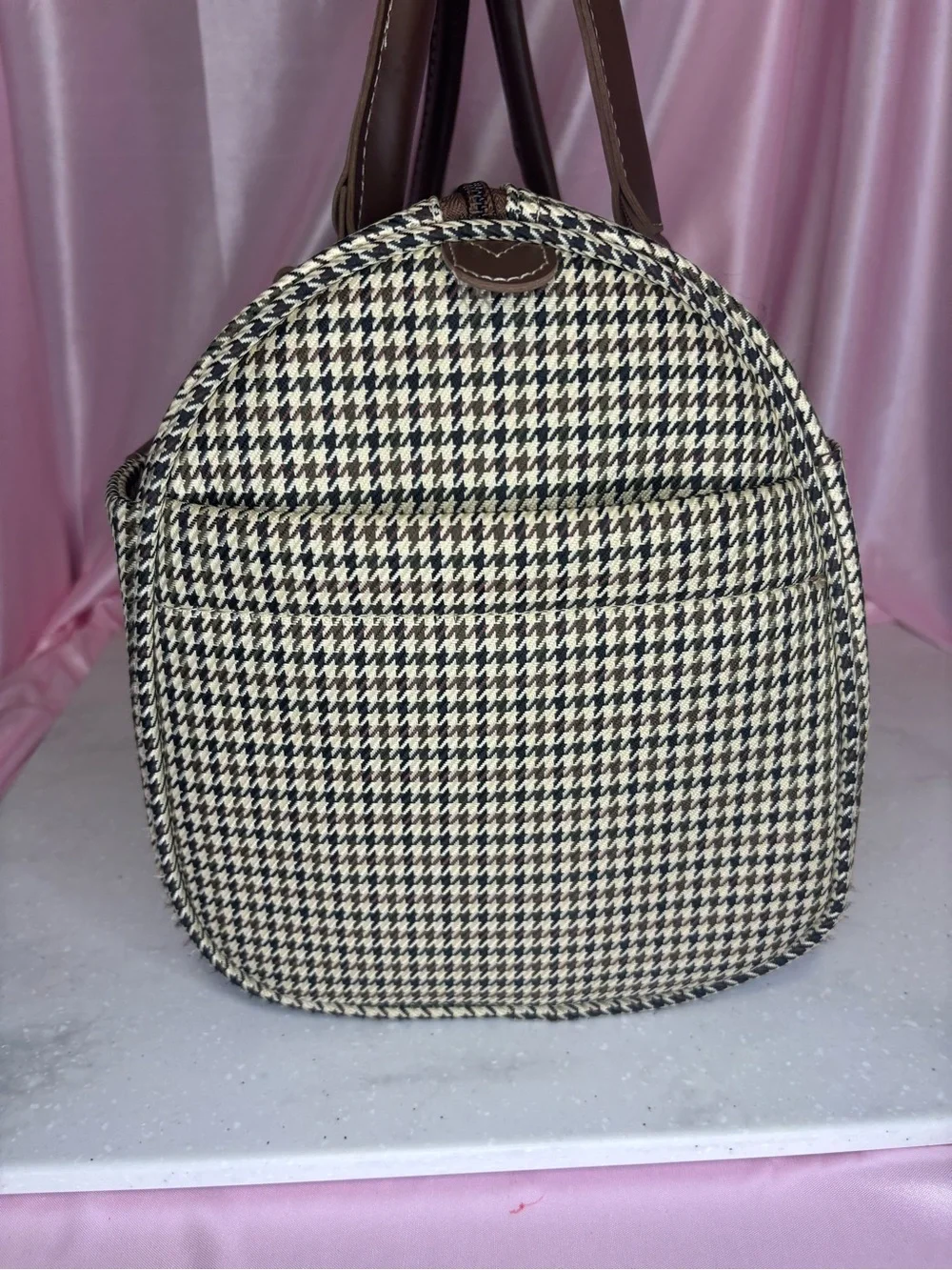 London Fog Brown Houndstooth Top-Handle Satchel